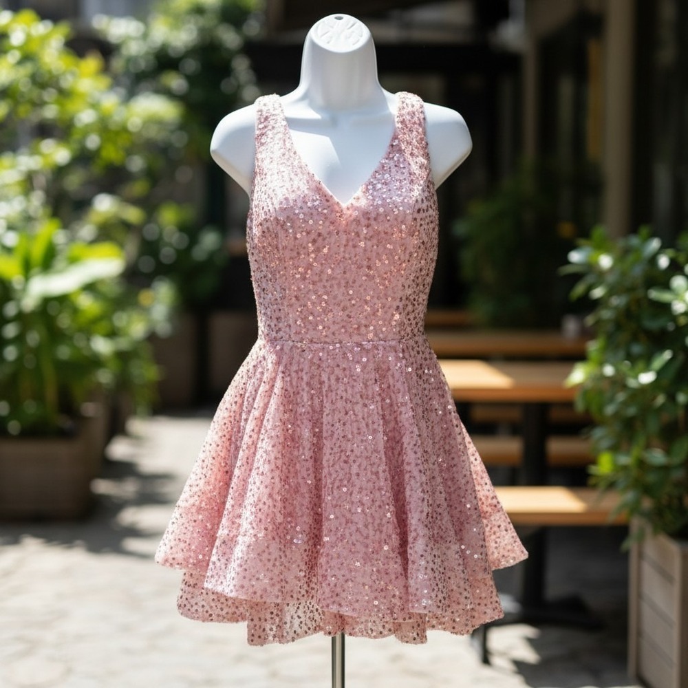 Pink Sequin Mini Dress 8 Corset Pads Ruffled Tiers V-neck Homecoming Party NWT